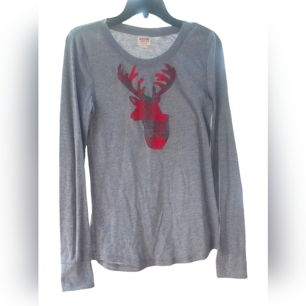 Mossimo Women's Large Thermal Waffle Knit Black Red Plaid Buck Deer Long Sleeve